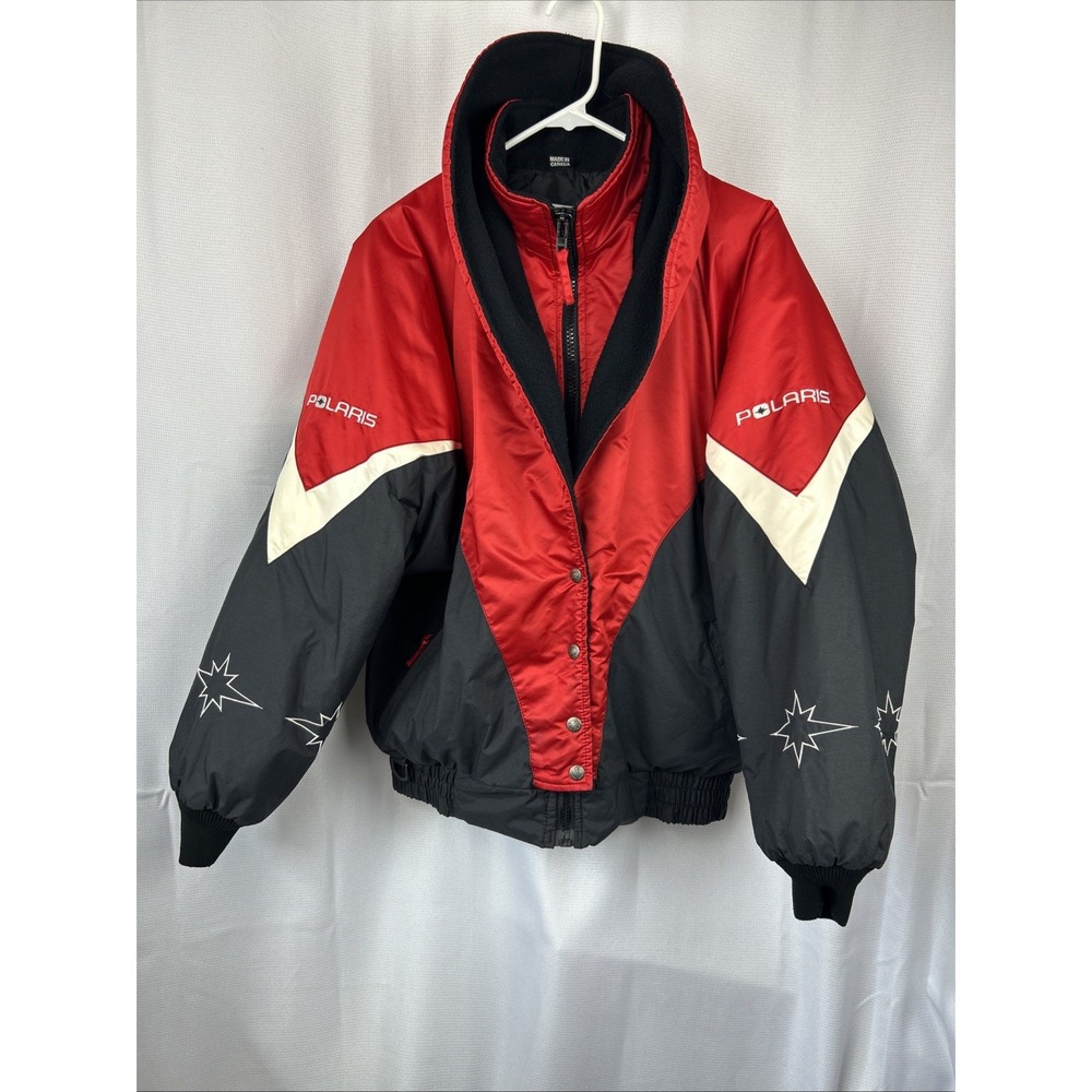 Vtg 90s Men's Polaris Racing Snowmobile Insulated Puffer Coat L Red Black